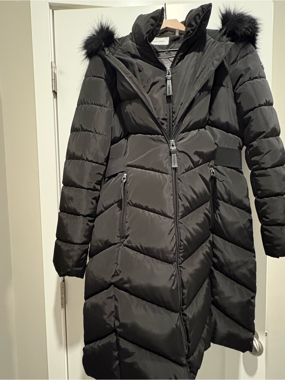 Calvin Klein Black Quilted Long Puffer with Faux-Fur Hood